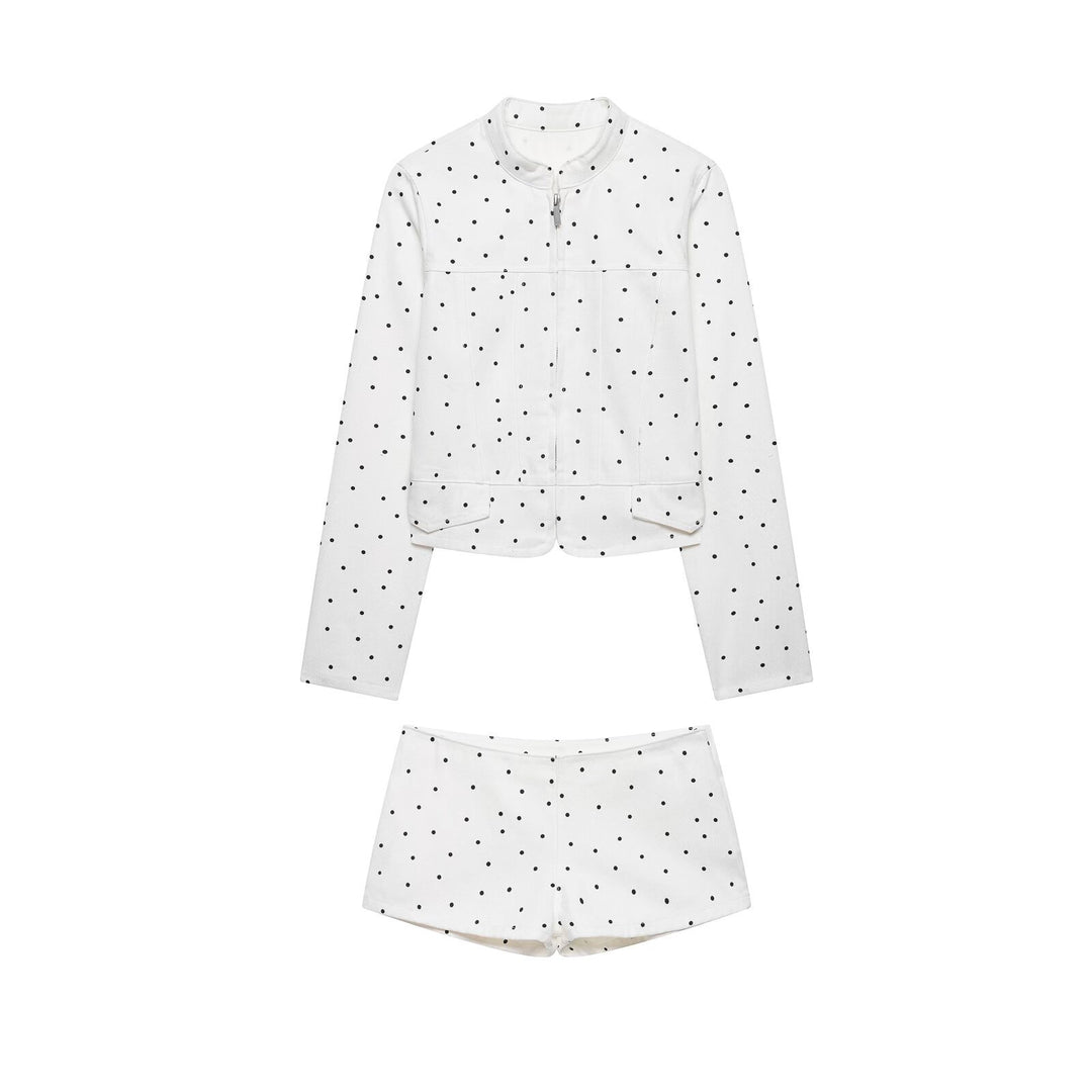 Women's Polka Dot Short Jacket with Stand Collar, Zipper and Flap Pockets Mune Fashion