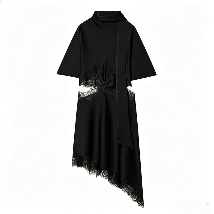 Women nan asymmetrical cape midi dress with stand-up collar, scarf and delicate lace hem Mune Fashion