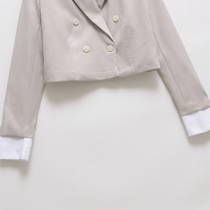 Women Cropped Double-Breasted Blazer with Lapel Collar Mune Fashion