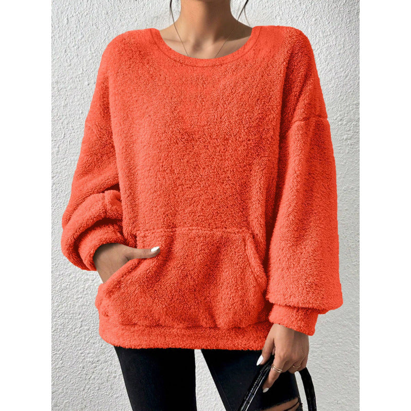 Ladies Cozy Oversized Sherpa Sweater with Kangaroo Pocket and Balloon Sleeves Mune Fashion
