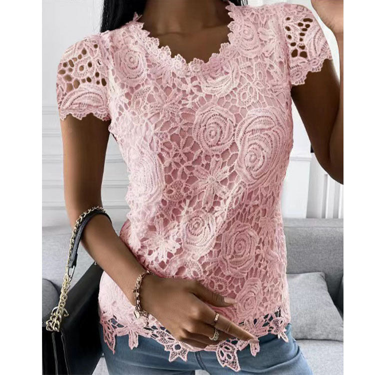Women's lace top with V-neck, tailored silhouette and romantic wave hem Mune Fashion