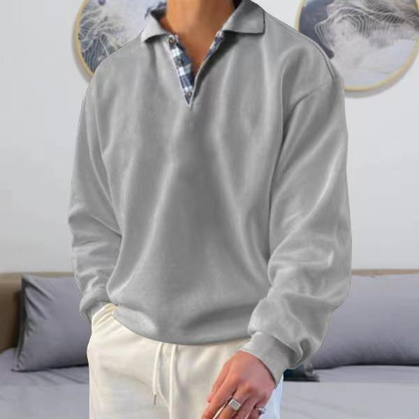 Men's casual long sleeve polo with open V-neck, shirt collar, and check inside placket Mune Fashion