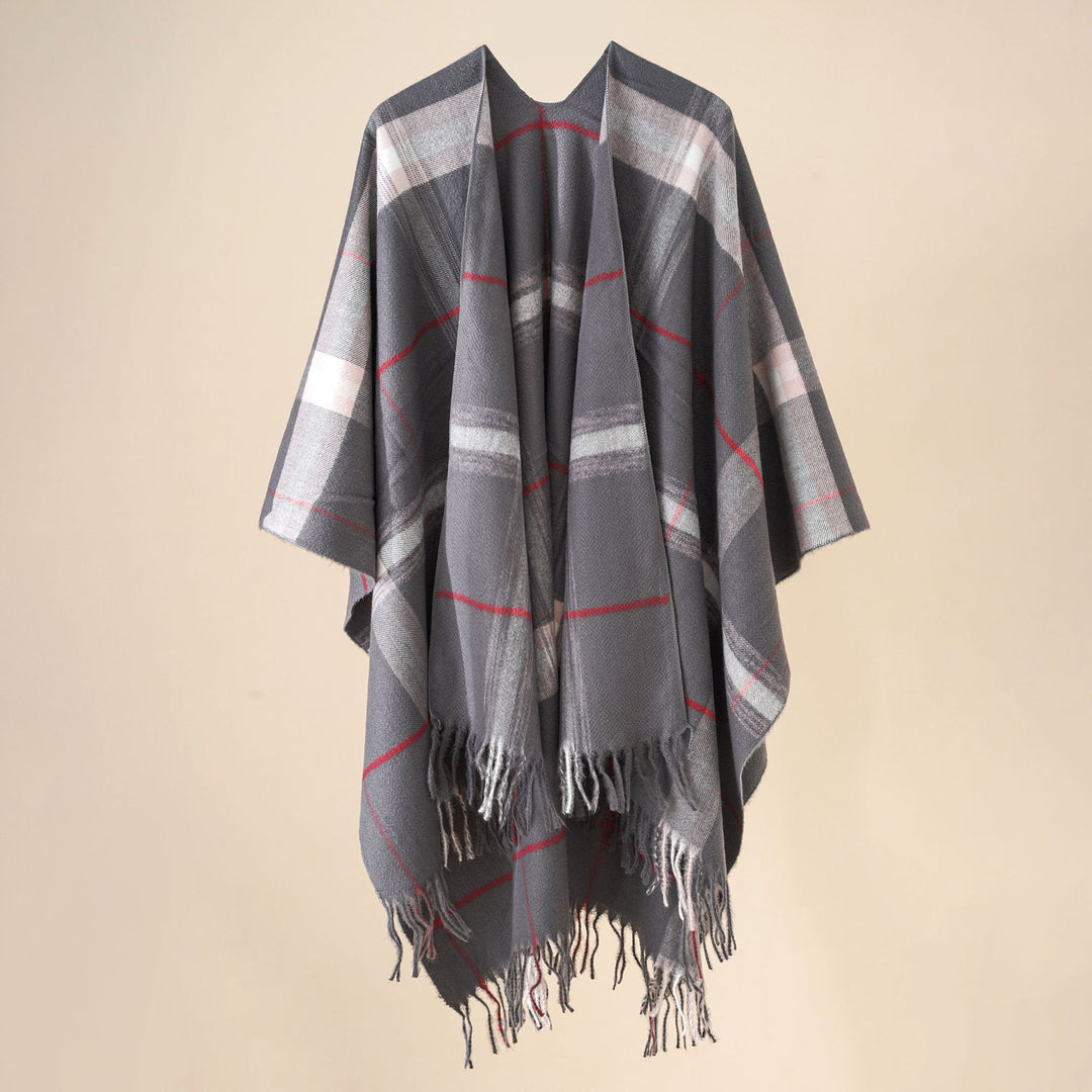 Women's Wool Blend Poncho with Check Pattern and Fringing Mune Fashion