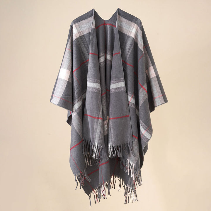 Women's Wool Blend Poncho with Check Pattern and Fringing Mune Fashion