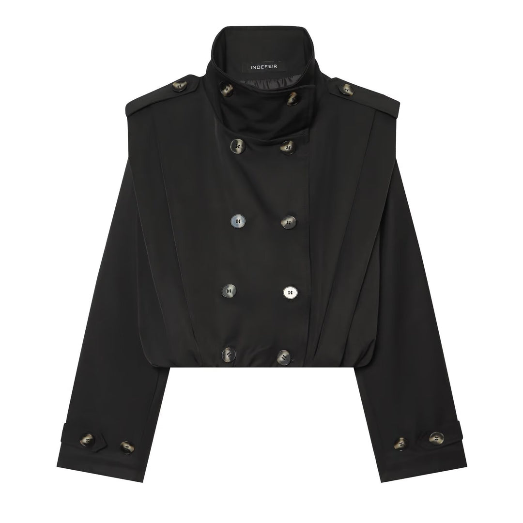 Women's Cropped Trench Coat in Cape Look with Double-Breasted Button Placket and High Stand Collar Mune Fashion