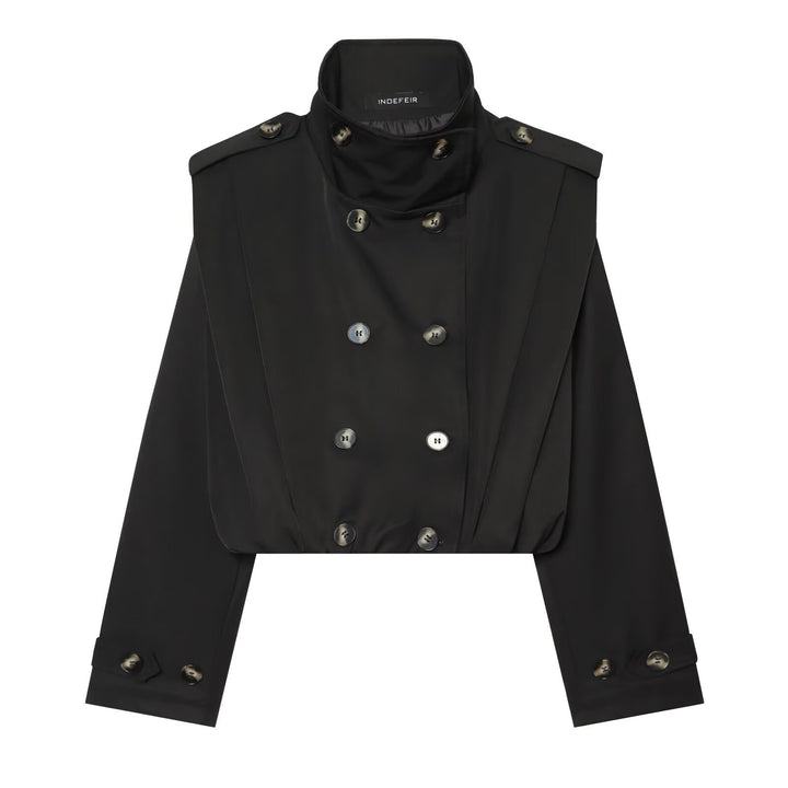 Women's Cropped Trench Coat in Cape Look with Double-Breasted Button Placket and High Stand Collar Mune Fashion