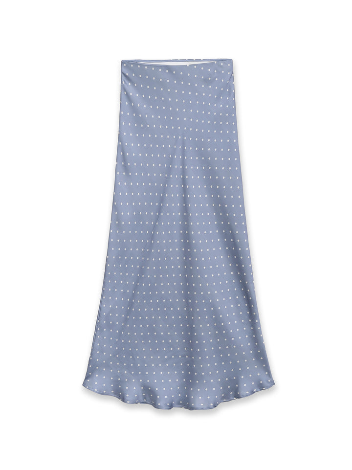 Women's midi skirt made of satin in A-line cut with high waist and polka dot print Mune Fashion