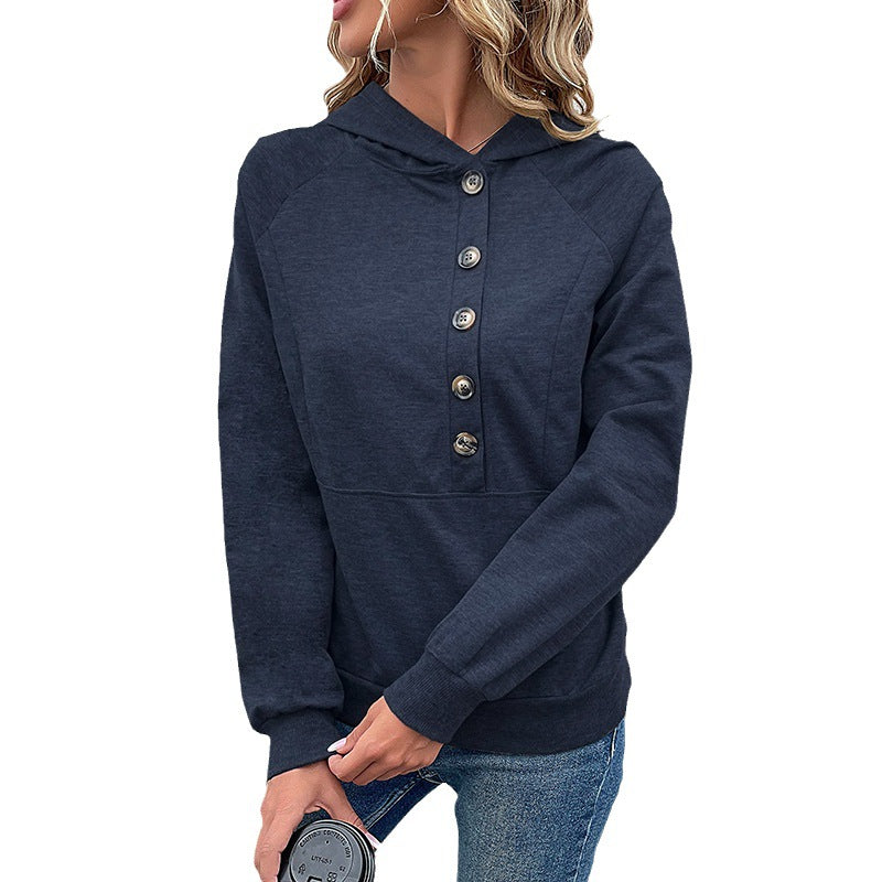 Women's hoodie with decorative button placket, raglan sleeves, and kangaroo pocket Mune Fashion