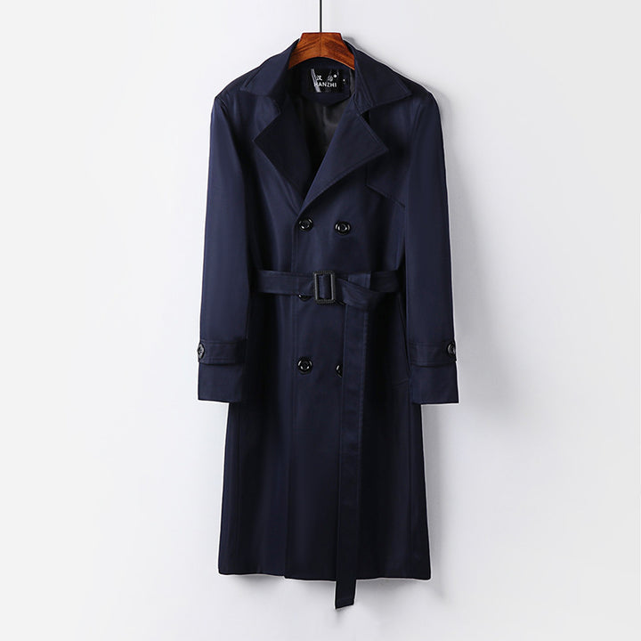Men's trench coat with double-breasted button placket, waist belt, and classic lapel Mune Fashion