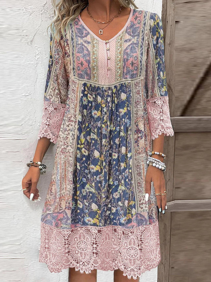 Women Boho Midi Dress with Floral Patchwork Print, Three-Quarter Sleeves and Crochet Lace Mune Fashion