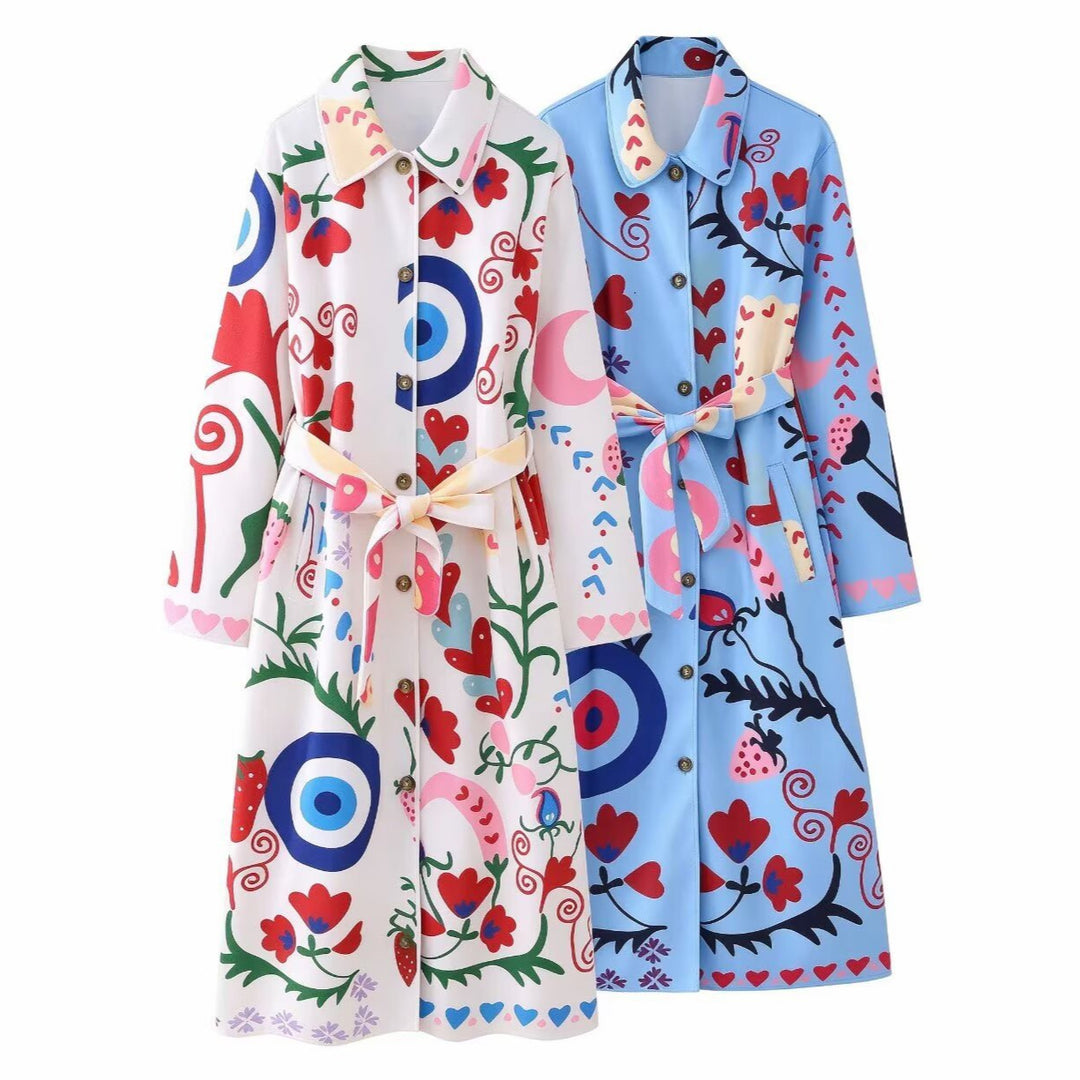 Women's Printed Maxi Shirt Coat with Waist Belt Mune Fashion