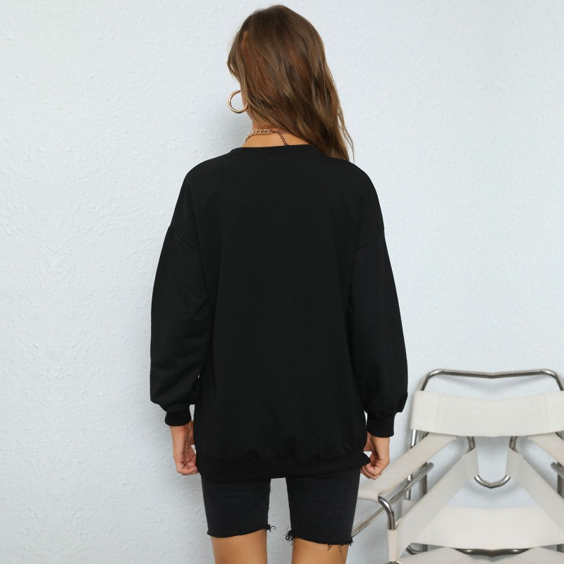 Women's Oversize College Sweatshirt with large front print, round neck & ribbed hem
