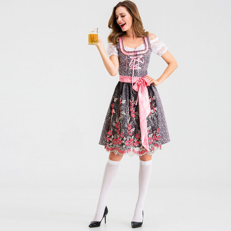 Ladies' traditional short dirndl with lace sleeves, lacing and floral apron Mune Fashion
