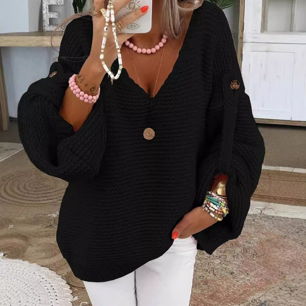 Women loose knit sweater with V-neck, balloon sleeves and button detail Mune Fashion