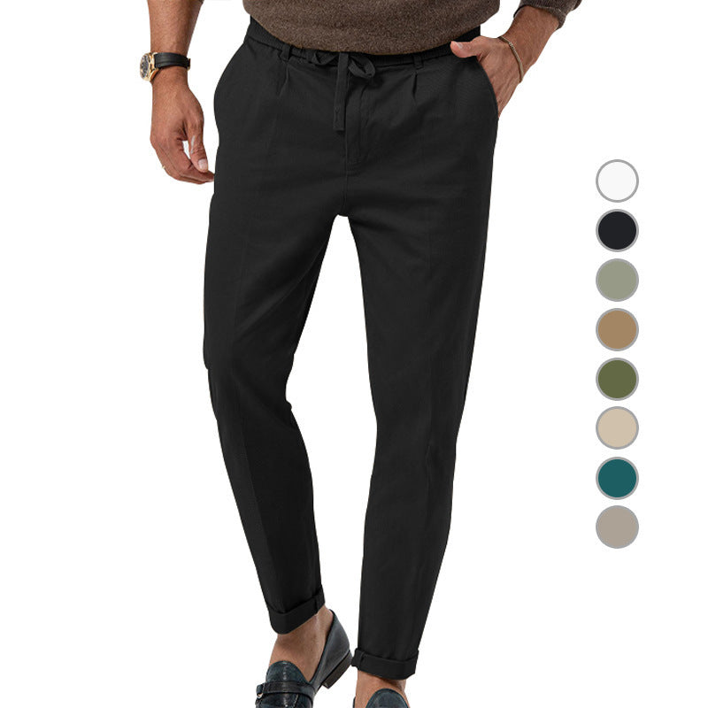 Men's Tapered Linen-Cotton Pants with Elastic Waistband, Drawstring and Cuffs Mune Fashion