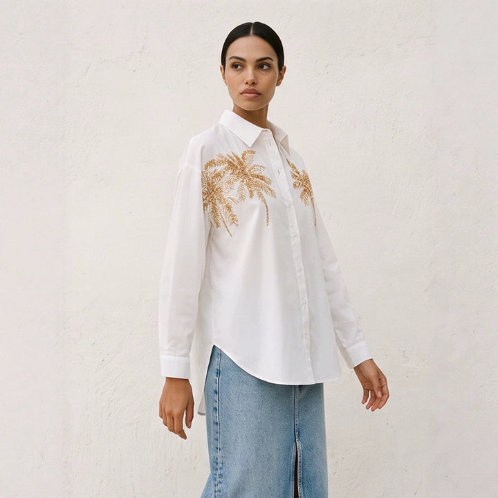 Women's shirt blouse with sequin palm appliqué, oversized cut & classic collar Mune Fashion
