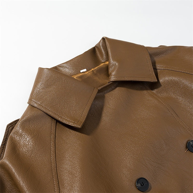 Women Cropped Faux Leather Trench Coat with Waist Belt, Double Breasted and Epaulettes Mune Fashion