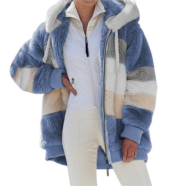 Women's oversized faux fur patchwork hooded jacket with ribbed cuffs and two-way zip Mune Fashion