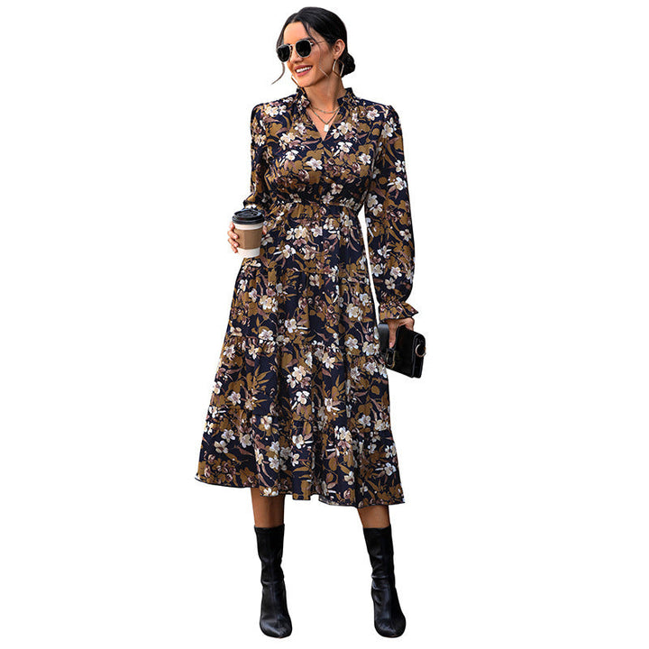 Women's Flowing Floral Midi Dress with V-Neck, Smocked Waistband, and Tiered Skirt Mune Fashion