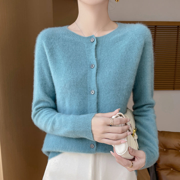 Women's Short-Cut Fine Knit Cardigan with Round Neck and Shimmering Button Placket Mune Fashion