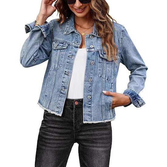 Women Short Cut Denim Jacket with Frayed Hem and Chest Pockets Mune Fashion