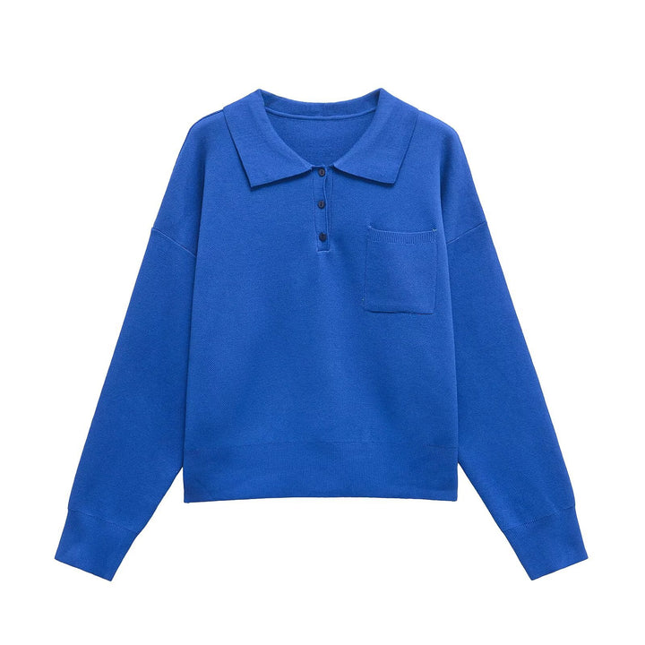 Women's Knit Polo Sweater with Button Placket, Chest Pocket, and Drop Shoulder Mune Fashion