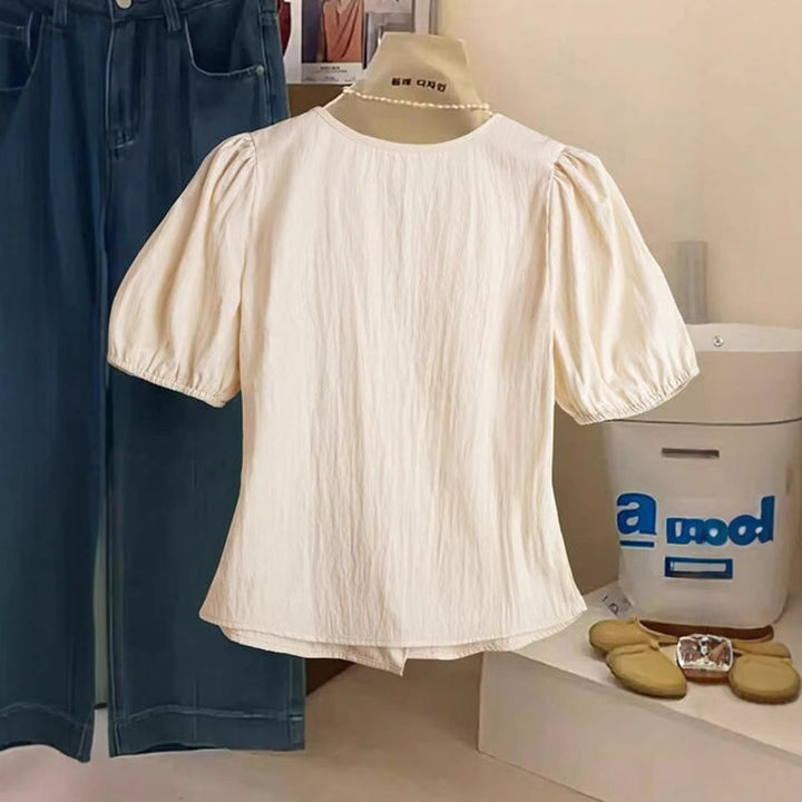 Women's short-sleeved fitted blouse with puff sleeves and side bow Mune Fashion