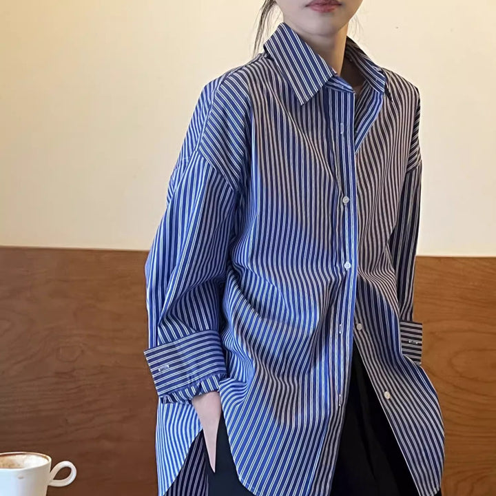 Women Oversized Long Sleeve Shirt Blouse with Vertical Stripes and Loose Fit Mune Fashion