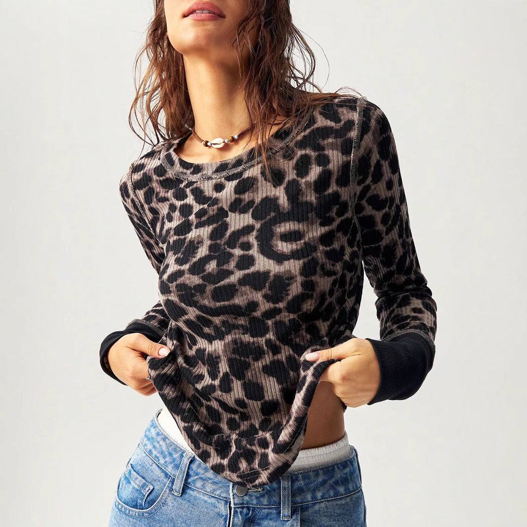 Women's Ribbed Thermal Long Sleeve with Allover Leopard Print and Contrast Cuffs Mune Fashion