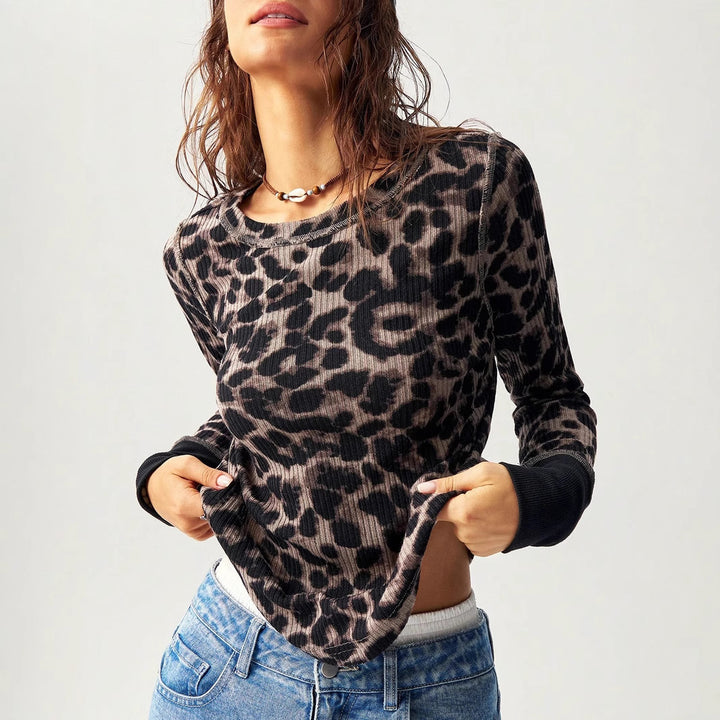 Women's Ribbed Thermal Long Sleeve with Allover Leopard Print and Contrast Cuffs Mune Fashion