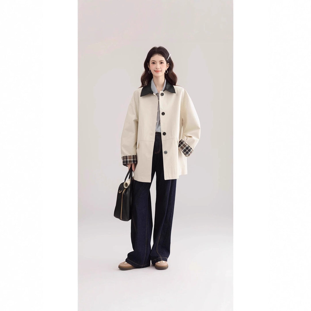 Women's Oversized Trench Coat with Contrast Collar and Check Lining Mune Fashion