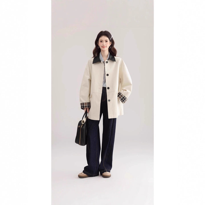 Women's Oversized Trench Coat with Contrast Collar and Check Lining Mune Fashion