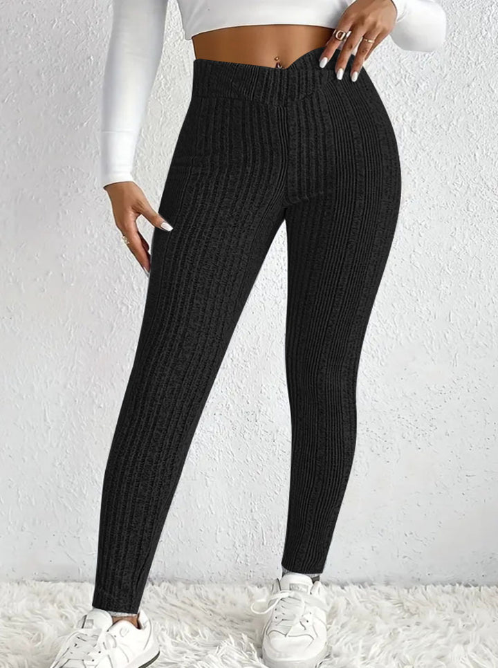 Women's High-Waisted Ribbed Fine Knit Leggings with Shaping Waistband and Stretch Compression Mune Fashion