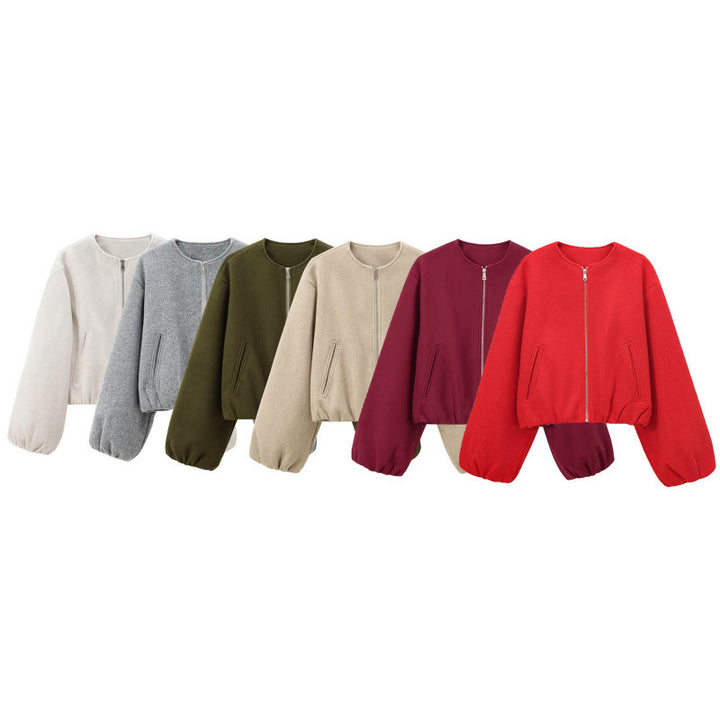 Women short cut blouson jacket with round neck, zipper and balloon sleeves Mune Fashion