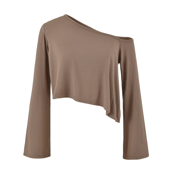 Ladies One-Shoulder Crop Top with Asymmetric Hem and Flared Sleeves Mune Fashion