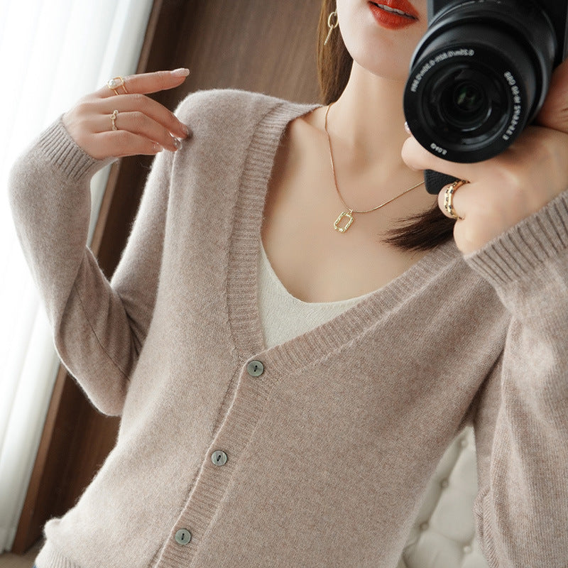 Ladies Light V-Neck Cardigan made of Cashmere Mix with Fine Rib Edge Mune Fashion