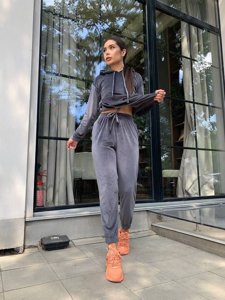 Women's Velvet Loungewear Set with Cropped Hoodie and Drawstring Joggers Mune Fashion
