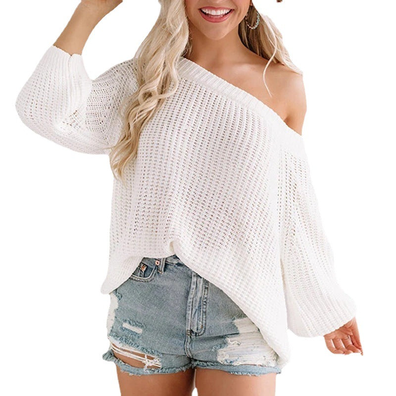 Women's Oversize Knit Sweater with Off-Shoulder Lace Pattern and Wide Hem Mune Fashion