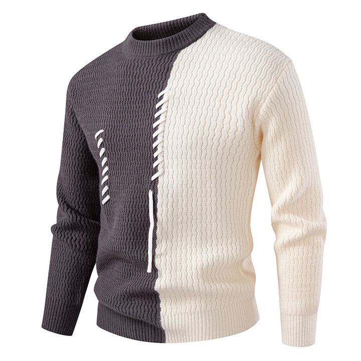 Men's two-tone structured knit sweater with decorative band detail and round neck Mune Fashion