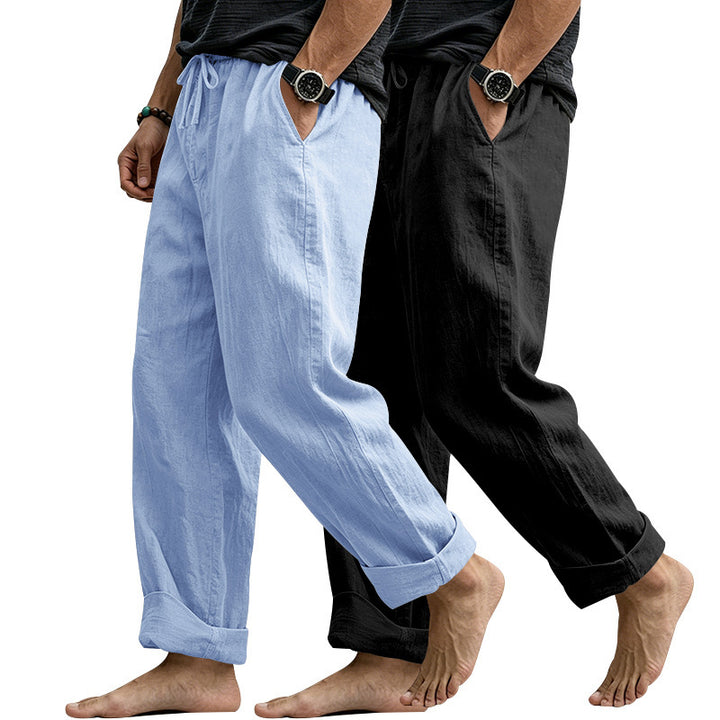 Men's Wide Comfort Casual Pants Made of Linen Blend with Drawstring, Side Pockets and Cuffed Mune Fashion