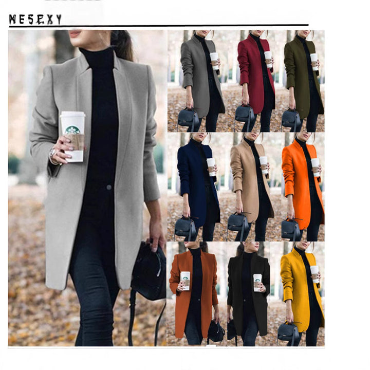 Women's tailored long blazer coat with stand-up collar and concealed fastening Mune Fashion