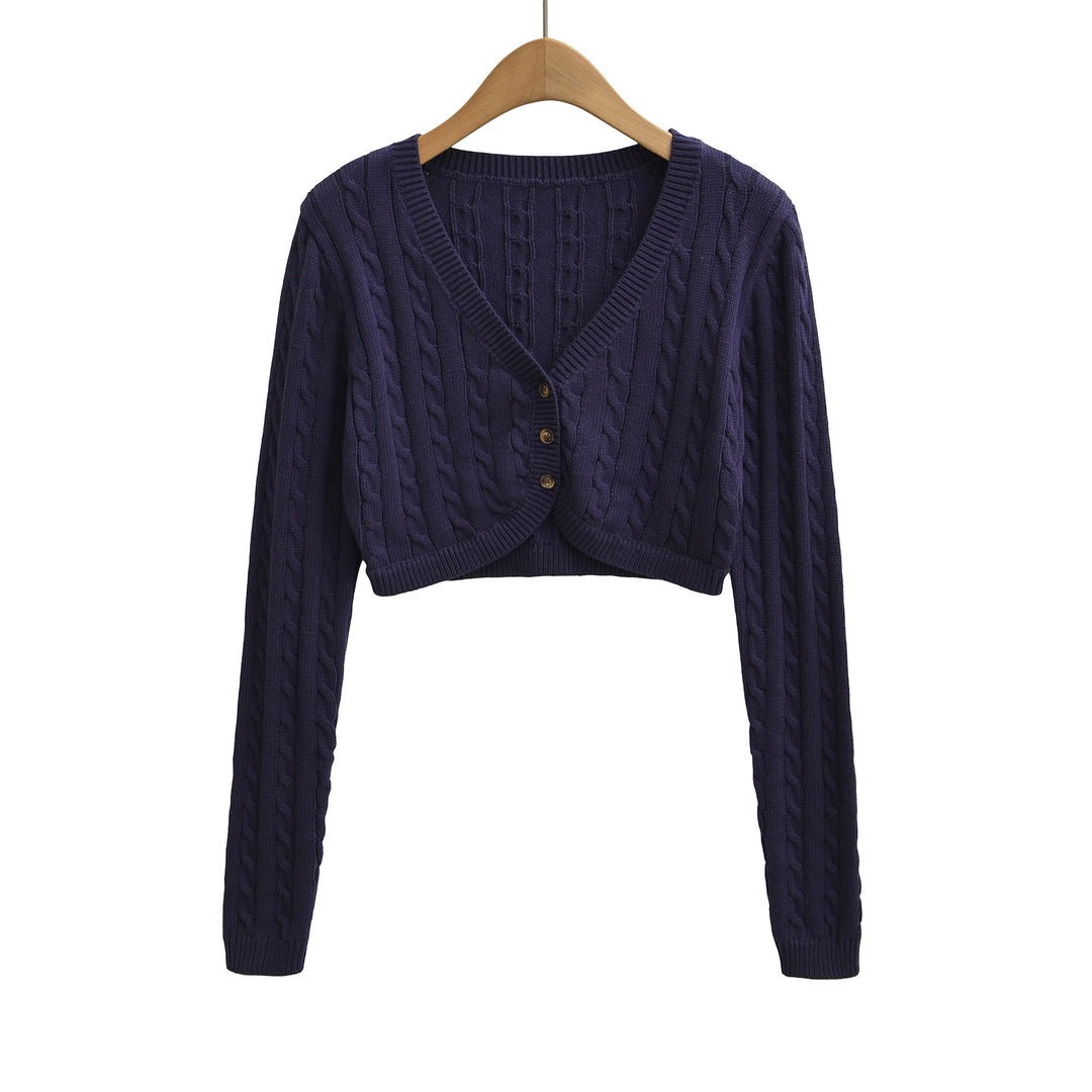 Women Short-Cut Cable Knit Cardigan with V-Neck and Button Placket Mune Fashion