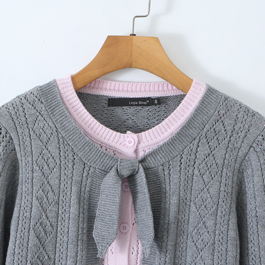 Women Fine Knit Two-Piece Cardigan with Bow Collar and Decorative Waistcoat Mune Fashion