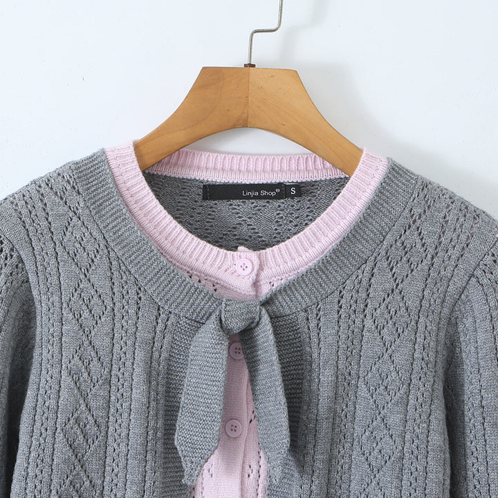 Women Fine Knit Two-Piece Cardigan with Bow Collar and Decorative Waistcoat Mune Fashion