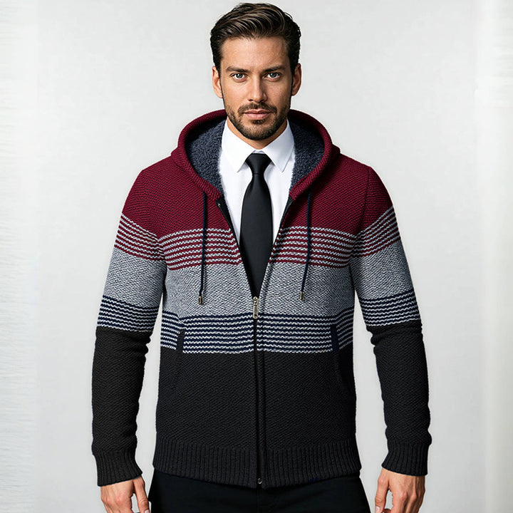 Men's hooded knit zip jacket with gradient block stripe pattern and thermal structure Mune Fashion
