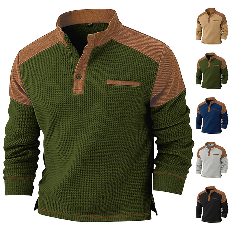 Men's waffle knit henley with stand-up collar, cord shoulder yoke and chest piping Mune Fashion