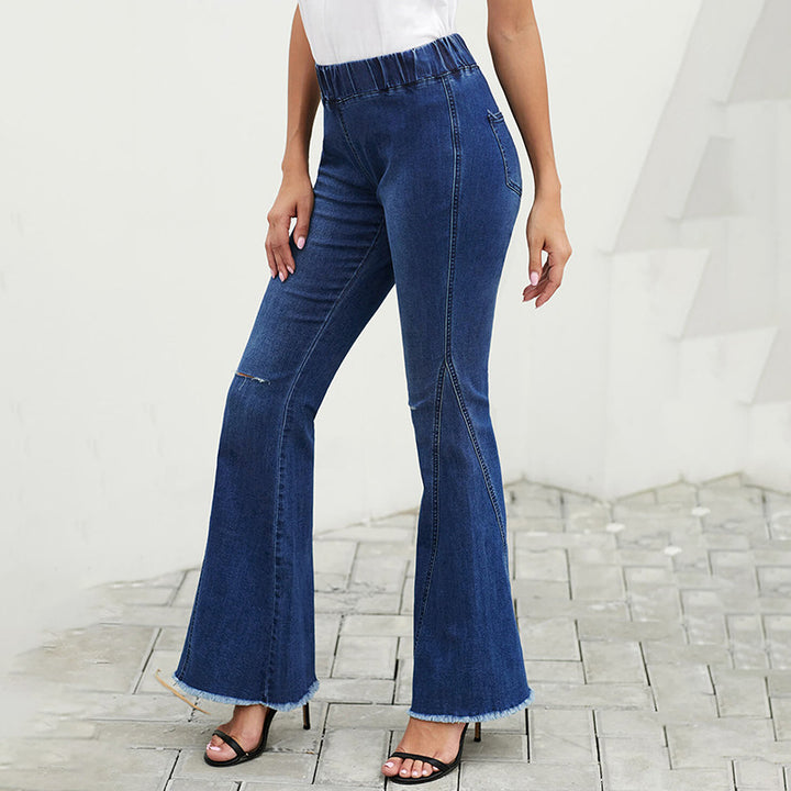 Women's high-waisted flared denim pants with elastic drawstring waistband, decorative seams, and raw hem Mune Fashion