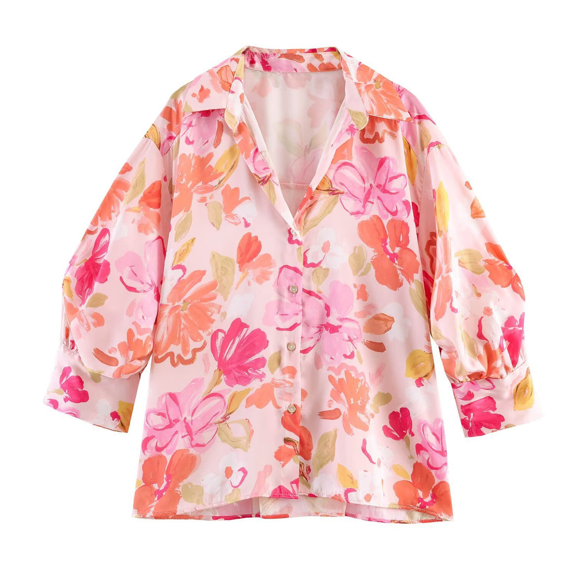 Women's loosely cut satin look blouse with shirt collar and balloon sleeves Mune Fashion