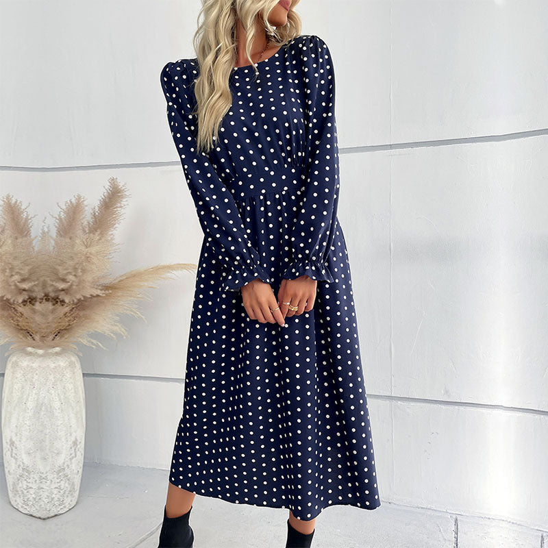 Women's Polka Dot Midi Dress with Ruffled Waist and Balloon Sleeves Mune Fashion
