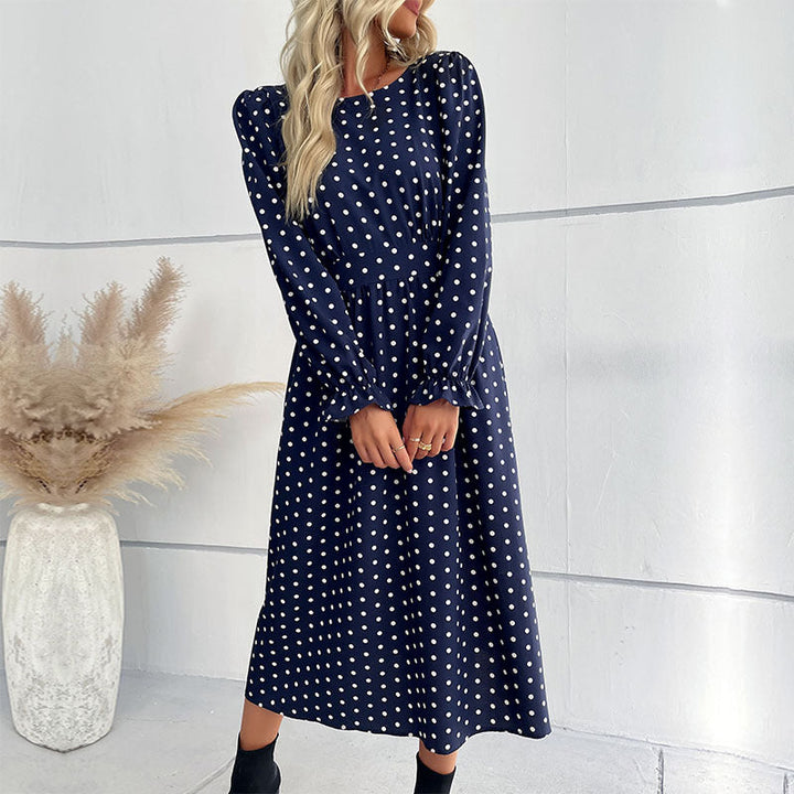 Women's Polka Dot Midi Dress with Ruffled Waist and Balloon Sleeves Mune Fashion